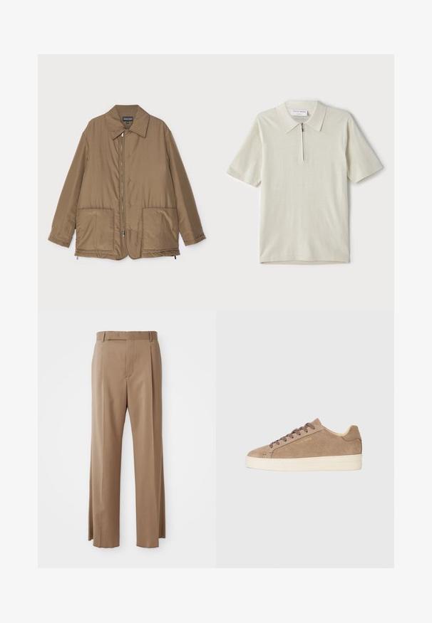 Giacca imbottita marrone con collo, chiusura frontale con zip, due grandi tasche e una leggera lucentezza. Design semplice con vestibilità rilassata.; Polo a maniche corte in beige chiaro con colletto zip. Realizzato in tessuto morbido, presenta un design semplice e moderno, privo di motivi.; Pantaloni su misura di colore marrone chiaro con gambe dritte, passanti per cintura, cucitura anteriore e chiusura nascosta, esposti distesi su uno sfondo bianco.; Sneaker in suede beige con punta rotonda, suola in gomma crema e lacci marroni. Presenta il logo del marchio impresso sul lato e materiale testurizzato.