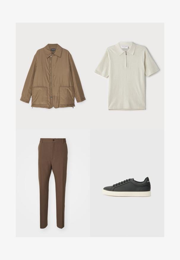 Brown padded jacket with a collared neck, front zip closure, two large pockets, and slight sheen. Simple design with a relaxed fit.; Short-sleeve polo shirt in light beige with a zippered collar. Made of smooth fabric, features a simple, modern design without patterns.; Filippa K TAPERED TAILORED TROUSERS - Suit trousers - dark driftwood; Black leather sneaker with a low profile, rounded toe, and lace-up closure; features a textured rubber sole and logo detail on the heel.