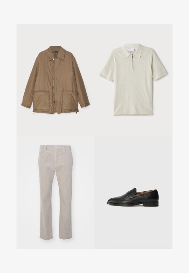 Veste rembourrée marron avec un col, fermeture zippée sur le devant, deux grandes poches et un léger éclat. Design simple avec une coupe décontractée.; Polo à manches courtes en beige clair avec un col zippé. Fabriqué en tissu lisse, il présente un design simple et moderne sans motifs.; Pantalon en velours côtelé beige avec texture côtelée verticale, coupe droite et taille standard. Poches avant et passants de ceinture inclus.; Mocassin en cuir noir avec un bout arrondi, des coutures subtiles et un talon bas, présentant une texture lisse et un design minimaliste.