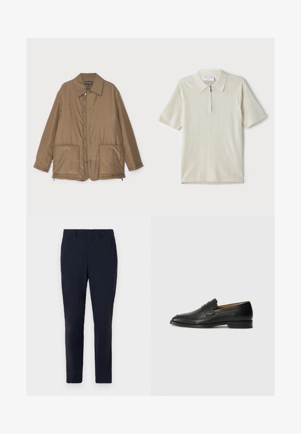 Brown padded jacket with a collared neck, front zip closure, two large pockets, and slight sheen. Simple design with a relaxed fit.; Short-sleeve polo shirt in light beige with a zippered collar. Made of smooth fabric, features a simple, modern design without patterns.; Navy blue tailored pants made from woven fabric, featuring a flat front, belt loops, and a slim fit design with side pockets.; Black leather loafer with a rounded toe, subtle stitched detailing, and a low heel, featuring a smooth texture and minimalist design.