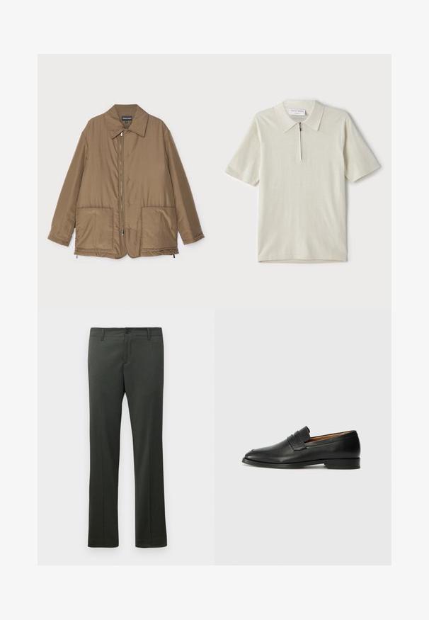 Barna steppelt dzseki, galléros nyakkal, elülső cipzárral, két nagy zsebbel és enyhe fényességgel. Egyszerű dizájn, laza szabással.; Rövid ujjú, világosbézs pólóing, cipzáras gallérral. Simás anyagból készült, egyszerű, modern dizájnnal, minta nélkül.; Sötétzöld elegáns nadrág övhurkokkal, elöl gombos záródással és egyenes szárú fazonnal.; Fekete bőr mokaszin, kerek orral, diszkrét varrásokkal és alacsony sarokkal, sima felülettel és minimalista dizájnnal.