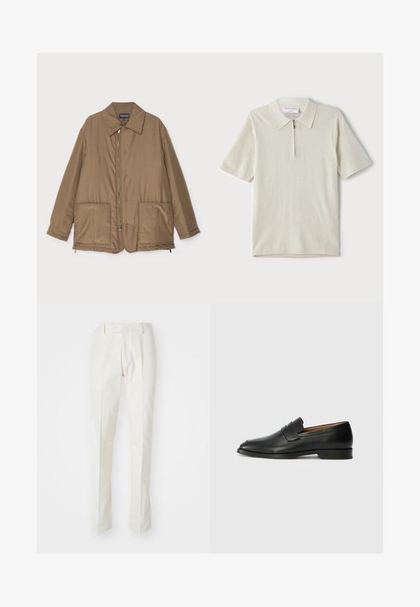 Chaqueta acolchada marrón con cuello camisero, cierre delantero con cremallera, dos grandes bolsillos y un ligero brillo. Diseño sencillo con un corte relajado.; Polo de manga corta en un beige claro con cuello con cremallera. Fabricado en un tejido suave, presenta un diseño sencillo y moderno sin patrones.; Pantalones blancos de algodón, con un diseño de pierna recta, frente plano y sin patrones ni herrajes visibles. Textura suave.; Mocasín de cuero negro con punta redonda, detalles de costura sutil y un tacón bajo, que presenta una textura suave y un diseño minimalista.