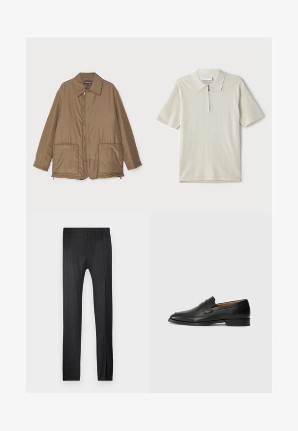 Brown padded jacket with a collared neck, front zip closure, two large pockets, and slight sheen. Simple design with a relaxed fit.; Short-sleeve polo shirt in light beige with a zippered collar. Made of smooth fabric, features a simple, modern design without patterns.; Emporio Armani TROUSER - Trousers - nero; Black leather loafer with a rounded toe, subtle stitched detailing, and a low heel, featuring a smooth texture and minimalist design.