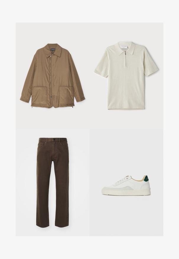 Brown padded jacket with a collared neck, front zip closure, two large pockets, and slight sheen. Simple design with a relaxed fit.; Short-sleeve polo shirt in light beige with a zippered collar. Made of smooth fabric, features a simple, modern design without patterns.; Theory VIGGO - Straight leg jeans - brown; White sneaker with suede accents, rounded toe, flat laces, and a cream rubber sole. Features green branding on the heel.