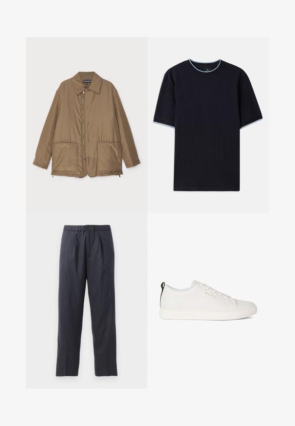 Brązowa pikowana kurtka z kołnierzem, zapinana na zamek z przodu, z dwiema dużymi kieszeniami i lekko błyszczącą powierzchnią. Prosty fason z luźnym krojem.; Ciemnoniebieska koszulka z krótkim rękawem i okrągłym dekoltem, z jasnoniebieskim akcentem na kołnierzu i rękawach. Wykonana z miękkiej bawełnianej tkaniny.; Ciemnoniebieskie spodnie z miękkiego materiału z plisowanym przodem i elastyczną talią. Posiadają zapięcie na guzik i prostą nogawkę.; Białe skórzane sneakersy z zaokrąglonym noskiem, płaską gumową podeszwą i tonowanymi szwami. Posiadają sznurowane zapięcie z przodu oraz czarną pętelkę z tyłu.