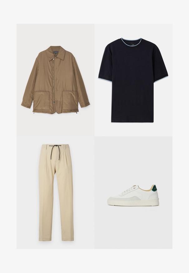 Brown padded jacket with a collared neck, front zip closure, two large pockets, and slight sheen. Simple design with a relaxed fit.; Dark blue short-sleeve t-shirt with a round neckline, featuring light blue accent at the collar and sleeves. Made of soft cotton fabric.; Beige trousers with a straight fit, featuring a drawstring waist, pleated front, and smooth texture. Simple, versatile design.; White sneaker with suede accents, rounded toe, flat laces, and a cream rubber sole. Features green branding on the heel.