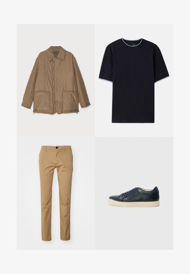 Hnedá prešívaná bunda s golierom, predným zipsom, dvoma veľkými vreckami a jemným leskom. Jednoduchý dizajn s voľným strihom.; Tmavomodré tričko s krátkym rukávom a okrúhlym výstrihom, so svetlomodrými akcentmi na golieri a rukávoch. Vyrobené z mäkkej bavlnenej tkaniny.; Béžové bavlnené nohavice s úzkym strihom, s jedným gombíkom na zapínanie, prednými vreckami a hladkou textúrou. S rovnou prednou časťou.; Námornícky modré kožené tenisky s krémovou gumovou podrážkou, s modrými šnúrkami a hladkým povrchom. Okrúhla špička a minimalistický dizajn.