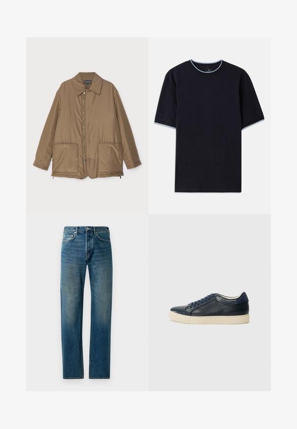 Chaqueta acolchada marrón con cuello camisero, cierre delantero con cremallera, dos grandes bolsillos y un ligero brillo. Diseño sencillo con un corte relajado.; Camiseta de manga corta azul oscuro con cuello redondo, con detalles en azul claro en el cuello y las mangas. Fabricada en suave tela de algodón.; Vaqueros de mezclilla azul con un diseño de pierna recta, que cuentan con un estilo de cinco bolsillos, un sutil desvanecimiento y acentos de costura en contraste.; Zapatilla de cuero azul marino con suela de goma color crema, que presenta cordones azules y una textura suave. Punta redondeada y diseño minimalista.