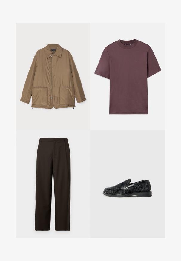 Brown padded jacket with a collared neck, front zip closure, two large pockets, and slight sheen. Simple design with a relaxed fit.; Short-sleeve, crew neck t-shirt in dark mauve, made of soft cotton. Features minimal branding in matching color on the front.; Brown wide-legged trousers made of a smooth fabric, featuring a flat front with no visible pockets or embellishments.; Black woven slip-on shoe with a smooth leather accent on the upper, a round toe design, and a low-profile rubber sole.