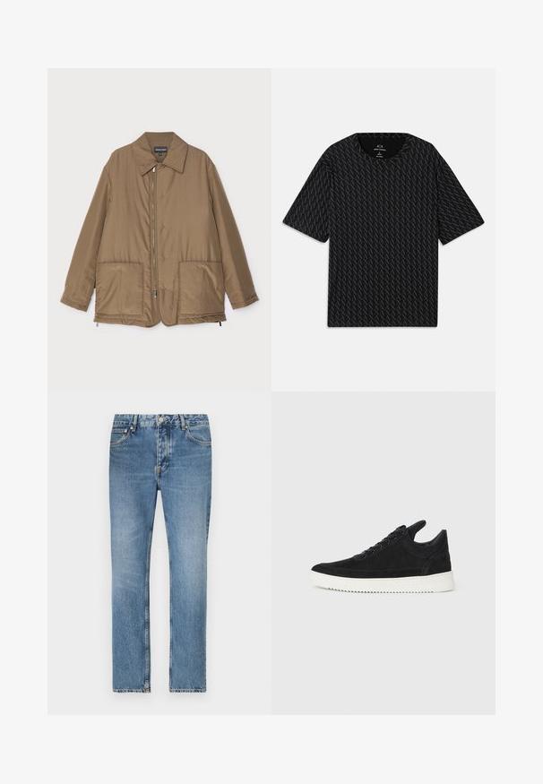 Hnědá zateplená bunda s límečkem, předním zipem, dvěma velkými kapsami a mírným leskem. Jednoduchý design s uvolněným střihem.; Černé tričko s texturovaným vzorem střídajících se logo 'A', krátké rukávy a kulatý výstřih. Vyrobeno z lehkého materiálu.; Světle modré džíny z denimu se střihem rovného nohavice, pěti kapsami a zapínáním na zip. Vyznačují se výrazným vyblednutím a detailem šití.; Černé semišové tenisky s bílou gumovou podrážkou, s tónovým prošitím a šněrováním. Hladký povrch s moderním, aerodynamickým tvarem.