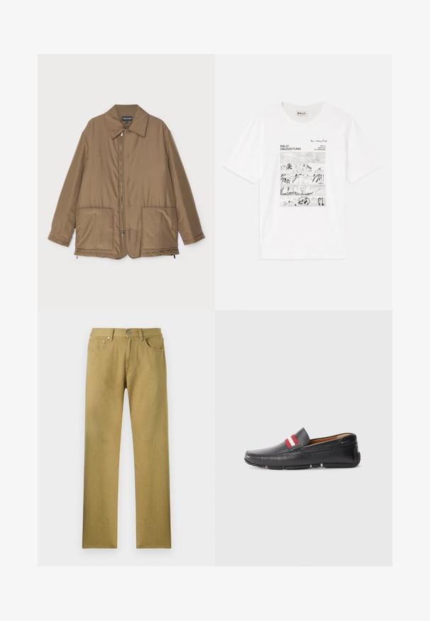 Pruunist voodriga jakk krae ja esitaskutega, ees lukuga kinnitamine ning kerge läikega. Lihtne kujundus ja lõdva istuvusega.; Valge puuvillane t-särk, millel on must-valge graafiline trükk, mis kujutab erinevaid stseene, peal kirjutatud "BALLY HAUSZEITUNG".; Oliivrohelised sirged püksid, millel on esikotid, nupuga sulgemine ja kerge tekstuuriga muster kangal.; Mustmust nahk kingad, millel on tekstureeritud pind, punase ja valge triibuga aksent peal, ümar varvas ja kummist talla.