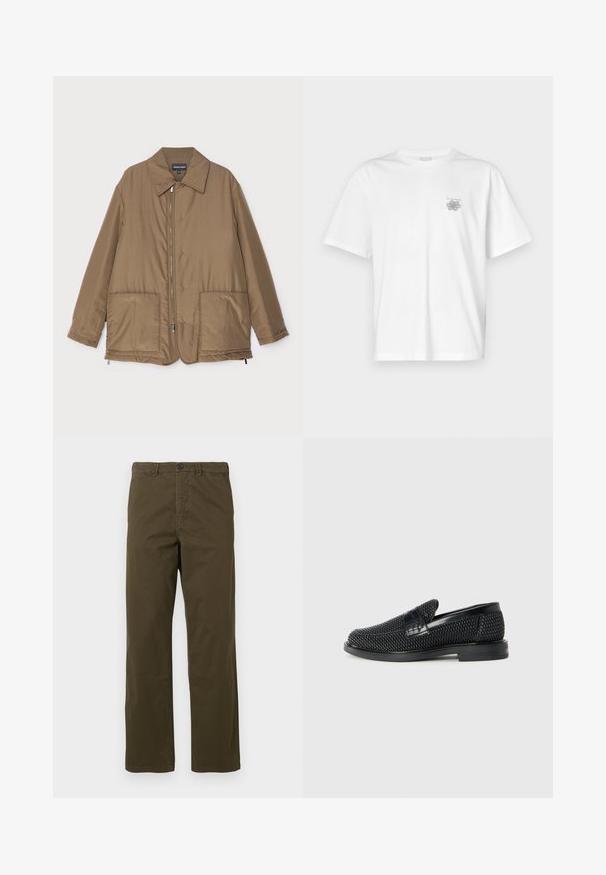 Bruine gewatteerde jas met een kraag, ritssluiting aan de voorkant, twee grote zakken en een lichte glans. Eenvoudig ontwerp met een ontspannen pasvorm.; Witte t-shirt van katoen met korte mouwen, een ronde hals, en een klein grijs logo op de linker borstzijde. Soepele textuur.; Heren rechte bruine katoenen broek met riemlussen, knoop aan de voorkant en ritssluiting tegen een lichte achtergrond.; Zwartegeweven instap schoenen met een glad leren accent aan de bovenkant, een ronde neusontwerp en een laag profiel rubberen zool.