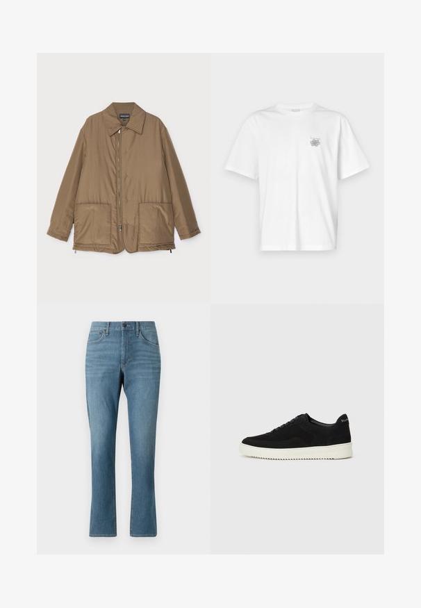 Barna steppelt dzseki, galléros nyakkal, elülső cipzárral, két nagy zsebbel és enyhe fényességgel. Egyszerű dizájn, laza szabással.; Fehér pamut póló rövid ujjakkal, kerek nyakkal, és egy kis szürke logóval a bal mellrészen. Sima tapintású.; Világoskék farmernadrág egyenes fazonban, elöl és hátul zsebekkel, cipzárral, és finom elhalványulással az anyagon.; Fekete velúr sportcipő fűzős dizájnnal és kontrasztos fehér gumitalppal. Jellemzői a textúrázott oldalpanelek és a diszkrét logó a sarokon.