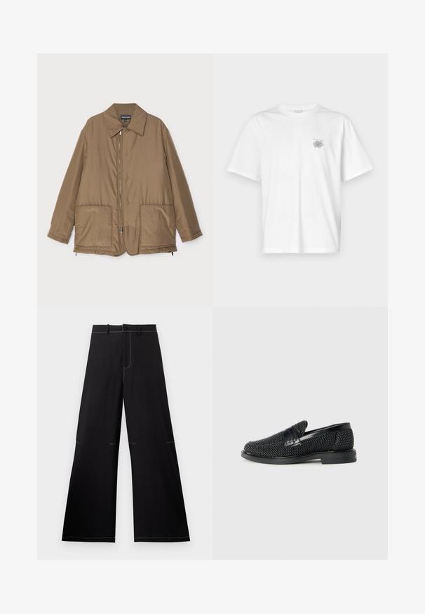 Bruine gewatteerde jas met een kraag, ritssluiting aan de voorkant, twee grote zakken en een lichte glans. Eenvoudig ontwerp met een ontspannen pasvorm.; Witte t-shirt van katoen met korte mouwen, een ronde hals, en een klein grijs logo op de linker borstzijde. Soepele textuur.; Zwarte wijde broek met witte stiksels, met een knoopsluiting en een elastische tailleband met riemlussen. Gemaakt van lichte stof.; Zwartegeweven instap schoenen met een glad leren accent aan de bovenkant, een ronde neusontwerp en een laag profiel rubberen zool.