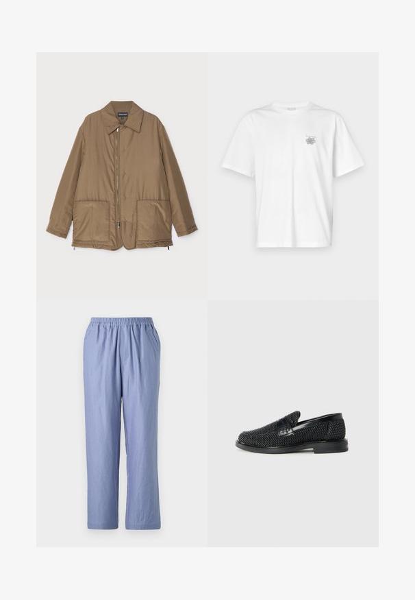 Brun polstret jakke med krave, frontlynlås, to store lommer og let glans. Simpelt design med en afslappet pasform.; Hvid t-shirt lavet af bomuld med korte ærmer, rund halsudskæring og et lille gråt logo på venstre brystområde. Glat tekstur.; Lysblå, løstsiddende bukser med elastisk talje, to sidelommer og lige ben. Fremstillet af blødt stof med en glat overflade.; Sort vævet slip-on sko med en glat læderdetalje på overdelen, en rund tådesign og en lavprofil gummisål.