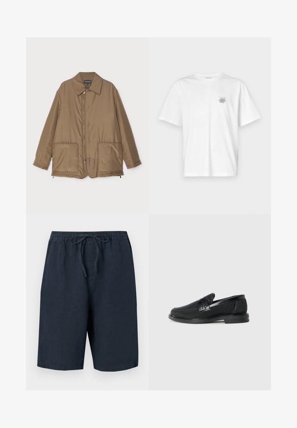 Rudas paminkštintas švarkas su apykakle, priekyje užtrauktuku, dviem didelėmis kišenėmis ir šiek tiek blizgesio. Paprastas dizainas su laisvu siluetu.; Balta medvilninė marškinėlių, su trumpomis rankovėmis, apykaklė nei per aukšta, nei per žema, ir mažas pilkas logotipas kairėje krūtinės pusėje. Lygi tekstūra.; Tamsiai mėlynos lino šortai su elastine juosta ir reguliuojamu raišteliu. Sukurti su šoninėmis kišenėmis ir laisvu siluetu.; Juodas pintas slip-on tipo batelis su lygiu odiniu akcentu viršuje, apvalios nosies dizainas ir žemas guminis padas.