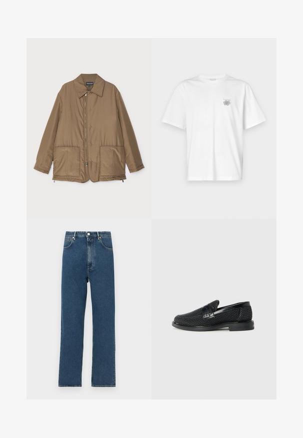 Brown padded jacket with a collared neck, front zip closure, two large pockets, and slight sheen. Simple design with a relaxed fit.; White t-shirt made of cotton featuring short sleeves, a crew neck, and a small gray logo on the left chest area. Smooth texture.; High-waisted blue denim jeans with a straight leg design, featuring front pockets and a button closure. Texture is smooth with subtle fading.; Black woven slip-on shoe with a smooth leather accent on the upper, a round toe design, and a low-profile rubber sole.