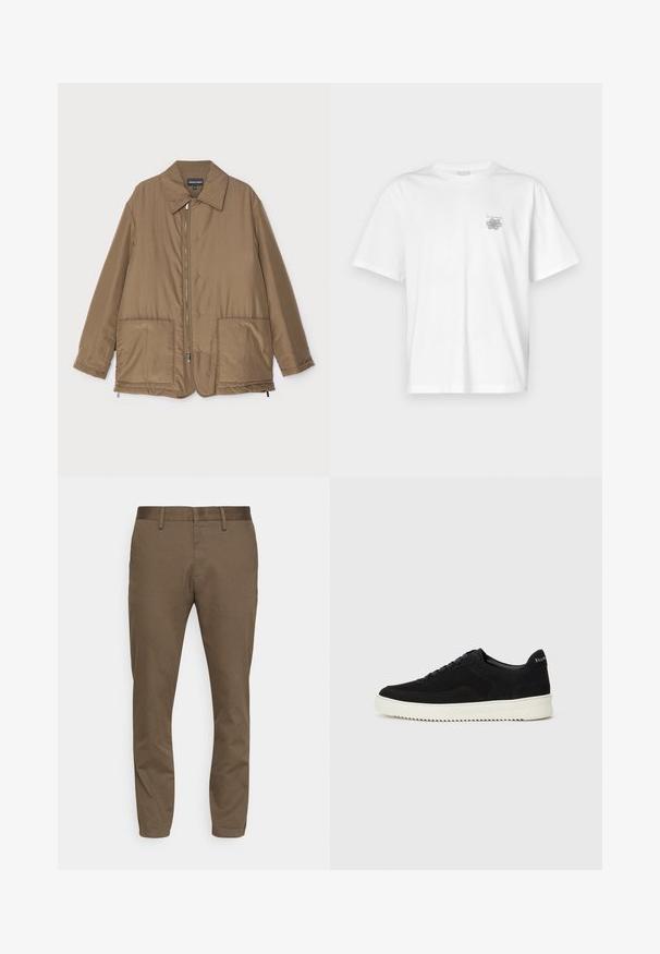 Veste rembourrée marron avec un col, fermeture zippée sur le devant, deux grandes poches et un léger éclat. Design simple avec une coupe décontractée.; T-shirt blanc en coton avec des manches courtes, un col ras du cou et un petit logo gris sur la partie gauche de la poitrine. Texture lisse.; Pantalon en tissu extensible marron avec une coupe slim. Équipé d'une taille lisse, de passants de ceinture et de deux poches avant.; Baskets en daim noir avec un design à lacets et une semelle en caoutchouc blanc contrastant. Comprend des panneaux latéraux texturés et un logo subtil sur le talon.