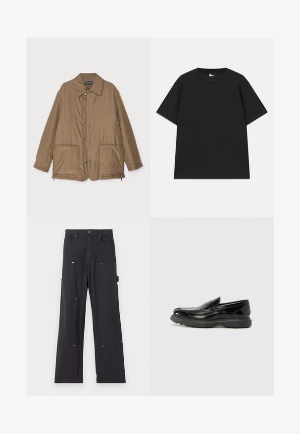 Pruunist voodriga jakk krae ja esitaskutega, ees lukuga kinnitamine ning kerge läikega. Lihtne kujundus ja lõdva istuvusega.; Must värviline lühikeste varrukatega T-särk, mis on valmistatud puuvillast, ümmarguse kaelusega ja väikese logo detailiga allääres. Sile tekstuur, regulaarne lõige.; Mustad mustad püksid, mis on valmistatud vastupidavast kangast, sirge sääre disainiga, esipocketside, nööbiga ja külgmiste utiliitpocketsidega.; Must musta nahk loafer läikiva viimistlusega, ümar varvas, delikaatsed õmblusdetailid ja paks kummist tallad vastupidavuse tagamiseks.