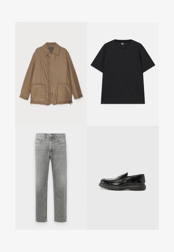 Veste rembourrée marron avec un col, fermeture zippée sur le devant, deux grandes poches et un léger éclat. Design simple avec une coupe décontractée.; T-shirt noir à manches courtes en coton, avec un col rond et un petit logo près de l'ourlet. Texture lisse, coupe régulière.; Jean en denim gris à coupe droite, avec un design classique à cinq poches et un léger dégradé pour la texture. Fermeture éclair standard.; Mocassin en cuir noir avec une finition brillante, bout arrondi, détails de couture subtils et semelle en caoutchouc épaisse pour la durabilité.