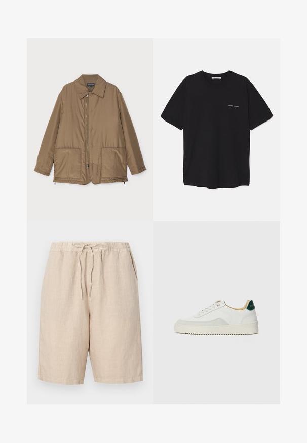 Rudas paminkštintas švarkas su apykakle, priekyje užtrauktuku, dviem didelėmis kišenėmis ir šiek tiek blizgesio. Paprastas dizainas su laisvu siluetu.; Juoda medvilninė marškinėlė su apykakle, trumpomis rankovėmis ir baltu logotipu kairėje krūtinės pusėje. Paprastas, vientisas spalvų dizainas.; Lininiai šortai šviesiai smėlio spalvos, su elastingu juosmeniu, reguliuojama virvele ir šoninėmis kišenėmis. Slydus paviršius ir laisvas siluetas.; Baltos sportbačiai su zomšos akcentais, apvaliu nosiu, plokščiais raišteliais ir kreminės spalvos guminiu padu. Ant kulno yra žalia ženklinimo detalė.