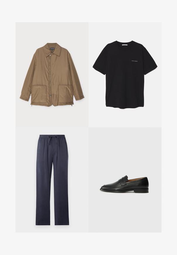 Veste rembourrée marron avec un col, fermeture zippée sur le devant, deux grandes poches et un léger éclat. Design simple avec une coupe décontractée.; T-shirt en coton noir avec un col rond, des manches courtes et un logo blanc imprimé sur la poitrine gauche. Design simple, couleur unie.; Pantalons bleu marine, amples, en tissu doux avec une taille élastique et un cordon de serrage ajustable. Jambes droites, sans poches.; Mocassin en cuir noir avec un bout arrondi, des coutures subtiles et un talon bas, présentant une texture lisse et un design minimaliste.