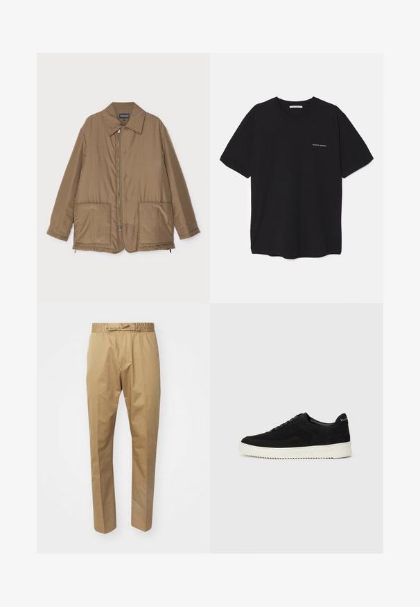 Barna steppelt dzseki, galléros nyakkal, elülső cipzárral, két nagy zsebbel és enyhe fényességgel. Egyszerű dizájn, laza szabással.; Fekete pamut T-shirt kerek nyakkivágással, rövid ujjakkal, és fehér logónyomattal a bal mellrészen. Egyszerű, egyszínű dizájn.; Beige nadrágok, elasztikus derékpánttal és állítható kötőfűzővel. Simább textúra, egyenes lábak és minimalista dizájn.; Fekete velúr sportcipő fűzős dizájnnal és kontrasztos fehér gumitalppal. Jellemzői a textúrázott oldalpanelek és a diszkrét logó a sarokon.