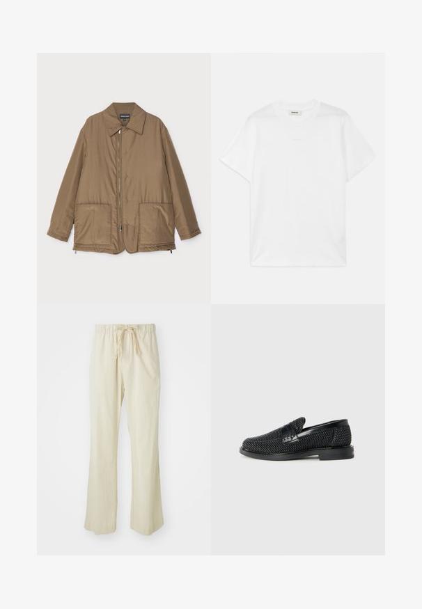 Brūns polsterēts mētelis ar apkakli, priekšpuses rāvējslēdzēja aizdare, divas lielas kabatas un nedaudz spīdīga virsma. Vienkāršs dizains ar brīvu piegriezumu.; Balts kokvilnas T-kreklis ar apaļu kaklu, īsām piedurknēm un diskrētu logo, kas izdrukāts priekšpusē. Gluda tekstūra un vienkāršs dizains.; Bežīgas, brīvas bikses, kas izgatavotas no viegla auduma. Ar elastīgu jostasvietu un sašaurinātas kājas dizainu.; Melnas austas slaidu kurpes ar gludu ādas akcentu augšpusē, apaļas formas purngalu un zemas profila gumijas zoli.