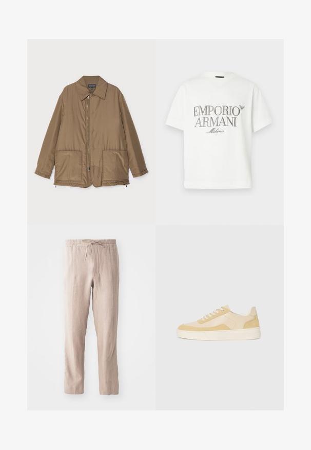 Geacă căptușită, de culoare maro, cu guler, fermoar frontal, două buzunare mari și un luciu subtil. Design simplu, cu o croială lejeră.; Tricou alb din bumbac cu un logo mare gri "Emporio Armani Milano" pe partea din față și un logo mic în partea superioară stângă.; Pantaloni din in bej cu talie elastică și șnur. Design cu picior drept, textură moale și stil minimalist.; Adidași din suede și piele galben deschis, cu o talpă moale și detalii cusute. Design clasic cu șireturi și vârf rotunjit.