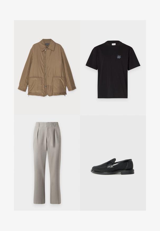 Rudas paminkštintas švarkas su apykakle, priekyje užtrauktuku, dviem didelėmis kišenėmis ir šiek tiek blizgesio. Paprastas dizainas su laisvu siluetu.; Juodas medvilninis marškinėliai su apvalia kaklo iškirpte ir trumpomis rankovėmis. Yra mažas mėlynas logotipas ant kairiojo krūtinės. Paprastas, tiesus kirpimas.; Pilkai pritaikyti kelnių, turinčių lygų tekstūrą, su priekinėmis raukšlėmis, diržo kilpos ir tiesiomis kojomis. Medžiaga atrodo struktūrizuota ir lengva.; Juodas pintas slip-on tipo batelis su lygiu odiniu akcentu viršuje, apvalios nosies dizainas ir žemas guminis padas.