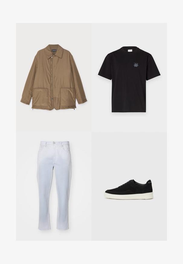 Brown padded jacket with a collared neck, front zip closure, two large pockets, and slight sheen. Simple design with a relaxed fit.; Black cotton t-shirt with a crew neck and short sleeves. Features a small blue logo on the left chest. Simple, straight-cut design.; Light wash denim jeans featuring a straight leg cut, button and zipper front closure, and two side pockets with a soft texture.; Black suede sneaker with lace-up design and contrasting white rubber sole. Features textured side panels and subtle branding on the heel.