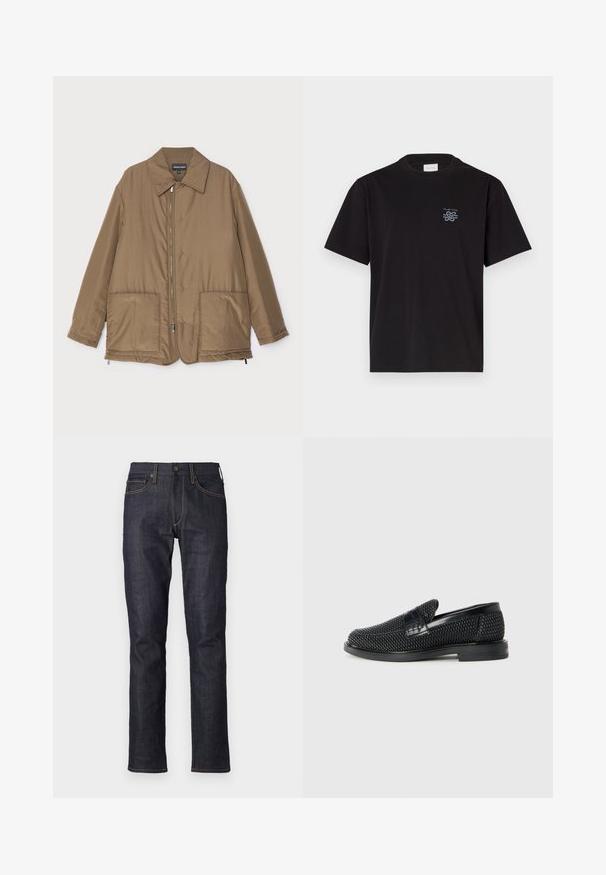 Hnědá zateplená bunda s límečkem, předním zipem, dvěma velkými kapsami a mírným leskem. Jednoduchý design s uvolněným střihem.; Černé bavlněné tričko s kulatým výstřihem a krátkými rukávy. Na levé části hrudi se nachází malé modré logo. Jednoduchý, rovně střižený design.; rag & bone FIT AUTHENTIC STRETCH - Džíny Slim Fit - mottled dark blue; Černé pletené nazouvací boty s hladkým koženým akcentem na svršku, kulatou špičkou a nízkoprofilovou gumovou podrážkou.