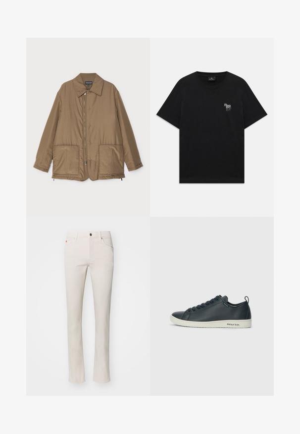 Brūns polsterēts mētelis ar apkakli, priekšpuses rāvējslēdzēja aizdare, divas lielas kabatas un nedaudz spīdīga virsma. Vienkāršs dizains ar brīvu piegriezumu.; Melna īsām piedurknēm T-kreklu ar mazu balti izšūtu zebru kreisajā krūtīs un apaļu izgriezumu.; Beidzīgas taisnās kājas džinsi, izgatavoti no kokvilnas šķiedras auduma. Iezīmē tradicionālo piecu kabatu dizainu un metāla pogas aizdari jostasvietā.; Tumši jūras zila ādas trenažieris ar gludu apdari, apaļu purngalu, sešām acu cilpām un kontrastējošu baltu gumijas zoli. Sānos ir redzama zīmola atpazīstamība.