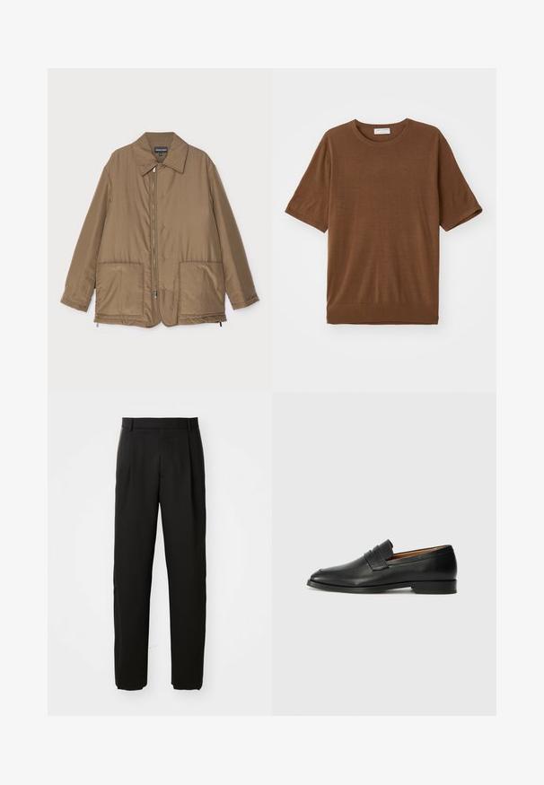 Bruine gewatteerde jas met een kraag, ritssluiting aan de voorkant, twee grote zakken en een lichte glans. Eenvoudig ontwerp met een ontspannen pasvorm.; Bruine t-shirt met korte mouwen, gemaakt van zachte stof, met een ronde halslijn en een iets loose fit met een geribde zoom.; Zwarte op maat gemaakte broeken met een recht gesneden ontwerp, met een vlakke voorkant en een gladde, geweven stofstructuur.; Zwarte leren instapper met een ronde neus, subtiele stikdetails en een lage hak, met een gladde textuur en een minimalistisch ontwerp.