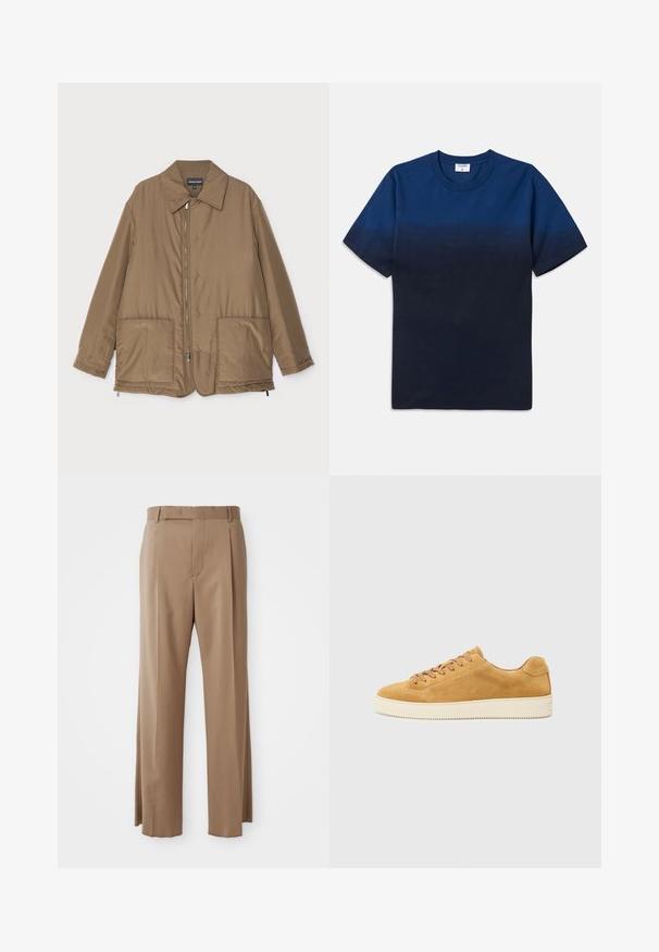 Geacă căptușită, de culoare maro, cu guler, fermoar frontal, două buzunare mari și un luciu subtil. Design simplu, cu o croială lejeră.; Tricou din bumbac bleumarin cu guler rotund, mâneci scurte și un design subtil în degradé care trece de la nuanțe mai deschise la nuanțe mai închise.; Pantaloni crem desenați, cu picioare drepte, elastice pentru curea, cusătură frontală și închidere ascunsă, expuși plat pe fundal alb.; Pantofii sport din suede bej au un profil jos, vârf rotund și șireturi în față. Talpa din cauciuc crem are o textură subtilă și detalii minime.