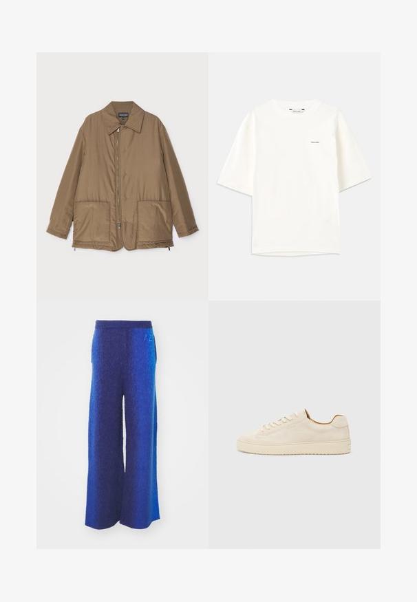 Hnědá zateplená bunda s límečkem, předním zipem, dvěma velkými kapsami a mírným leskem. Jednoduchý design s uvolněným střihem.; Bílý krátký rukáv tričko vyrobené z bavlny. Má kulatý výstřih a malé černé logo "Holzweiler" na levé straně.; Kalhoty s širokými nohavicemi v gradientních modrých tónech, vyrobené z texturované látky, s elastickým pasem a bočními kapsami. Jemná vyšívaná aplikace na pase.; Beige semišové tenisky s nízkým střihem, kulatou špičkou, plochými tkaničkami a texturovanou gumovou podrážkou. Minimalistický styl bez viditelných log.