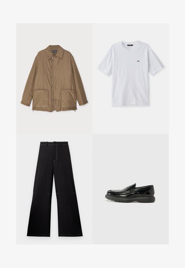 Brūns polsterēts mētelis ar apkakli, priekšpuses rāvējslēdzēja aizdare, divas lielas kabatas un nedaudz spīdīga virsma. Vienkāršs dizains ar brīvu piegriezumu.; Balts kokvilnas t-krekls ar apaļu kakla izgriezumu un īsām piedurknēm, ar mazu melnu logotipu uz krūtīm. Gluda tekstūra un brīvs griezums.; Melnas platajās bikses ar baltajiem šuvju akcentiem, kurām ir pogu aizdare un jostas cilpas. Izgatavotas no gaisa caurlaidīga auduma.; Melnas ādas loafers ar spīdīgu apdari, noapaļota pirksta forma, smalkas šuvju detaļas un bieza gumijas zole ilgstošai lietošanai.