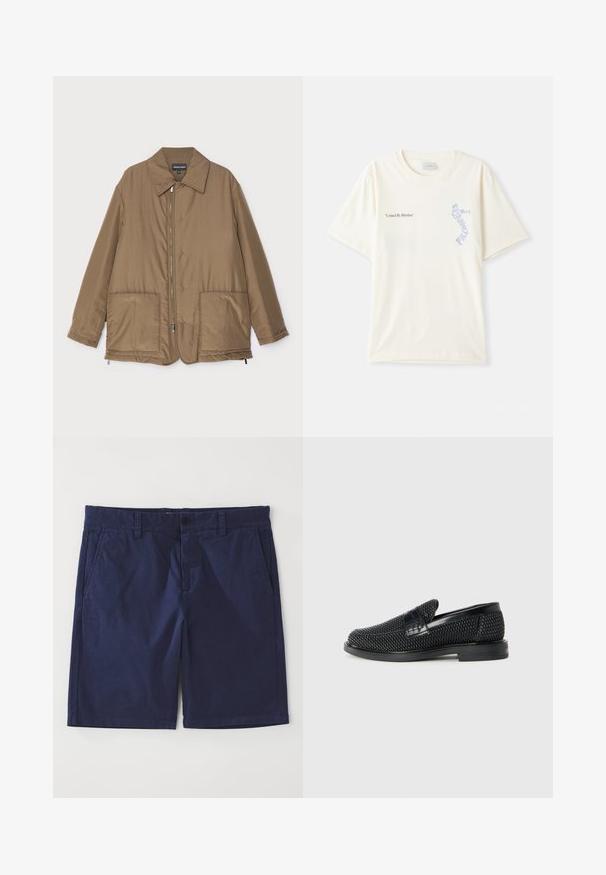 Braune gepolsterte Jacke mit Kragen, Reißverschluss vorne, zwei großen Taschen und leichter Glanz. Einfaches Design mit entspannter Passform.; Weißes Baumwoll-T-Shirt mit kurzen Ärmeln, mit dem Aufdruck "United By Rhythm" in Schwarz und blauer Grafik auf der Brust. Rundhalsausschnitt.; Marineblaue Baumwollshorts mit geradem Schnitt, ausgestattet mit Gürtelschlaufen, einer Knopfverschluss vorne und zwei Seitentaschen. Glatte Textur.; Schwarzer geflochtener Slipper mit einem glatten Lederakzent im Obermaterial, einem runden Zehendesign und einer flachen Gummisohle.