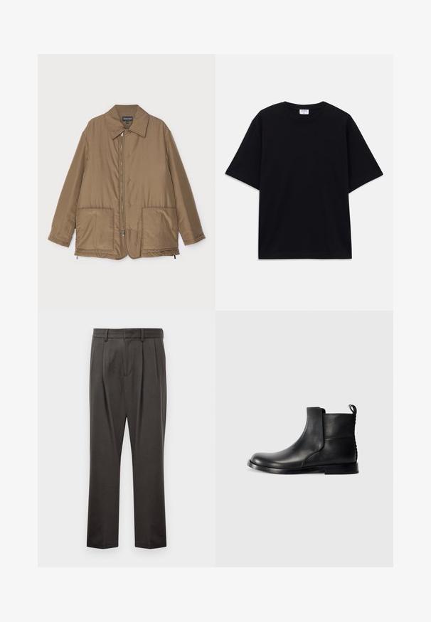 Pruunist voodriga jakk krae ja esitaskutega, ees lukuga kinnitamine ning kerge läikega. Lihtne kujundus ja lõdva istuvusega.; Must t-särk, lühikeste varrukatega, üle mõõdu, ümmarguse kaelusega ja nähtava Filippa K brändi sildiga kaelas.; Tumedashallased püksid, mis on valmistatud tekstuuriga kangast, lame esiosa, voldid, sirged jalad ja vöökohastab. Pole nähtavat riistvara ega mustreid.; Mustad mustat nahast pahkluu saapad ümarate varvastega, elastsete külgedega paneelidega ja tekstureeritud tagaosaga. Omab lamedat kummist talda ja tõmbenööri.