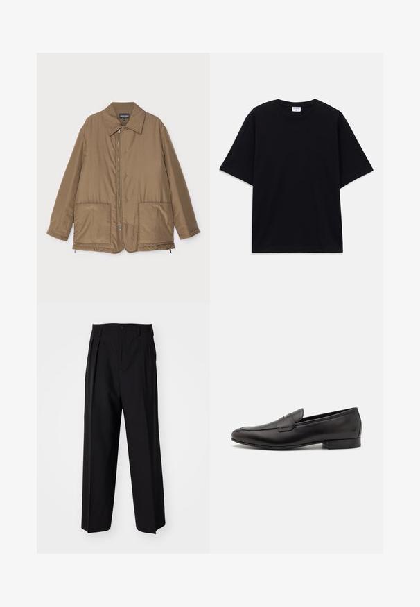 Giacca imbottita marrone con collo, chiusura frontale con zip, due grandi tasche e una leggera lucentezza. Design semplice con vestibilità rilassata.; T-shirt oversize nera a maniche corte con scollatura rotonda e etichetta del marchio Filippa K visibile all'interno del colletto.; Pantaloni neri a pieghe con un design dritto e gamba larga. Realizzati in tessuto morbido, con chiusura a bottone e passanti per cintura.; Mocassini in pelle nera con un design elegante, punta rotonda e tacco basso impilato. Presentano un dettaglio decorativo cucito sulla parte superiore.