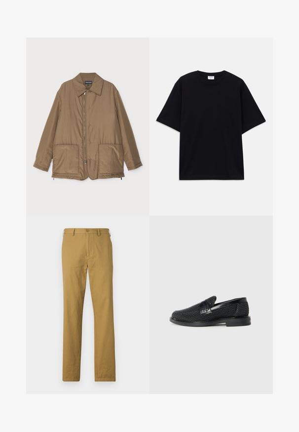 Hnedá prešívaná bunda s golierom, predným zipsom, dvoma veľkými vreckami a jemným leskom. Jednoduchý dizajn s voľným strihom.; Čierne nadrozmerné tričko s krátkym rukávom a okrúhlym výstrihom, s viditeľnou značkovou etikou Filippa K vo vnútri goliera.; Béžové bavlnené nohavice so rovnými nohavicami, prednými vreckami a gombíkovým zapínaním. Hladká textúra a minimálny dizajn, bez viditeľných vzorov.; Čierne tkané slip-on topánky s hladkým koženým akcentom na vrchnej časti, s okrúlym dizajnom špičky a nízkoprofilovou gumovou podrážkou.