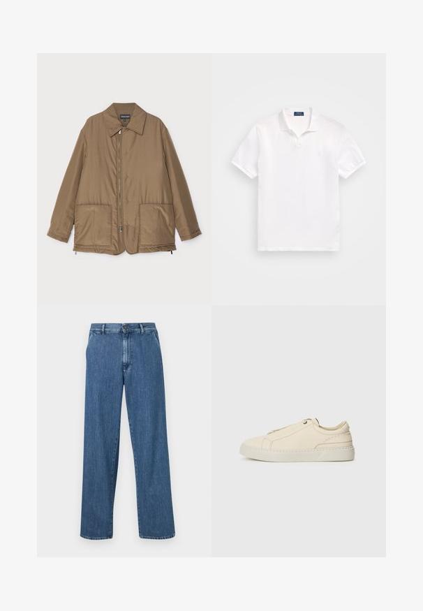 Barna steppelt dzseki, galléros nyakkal, elülső cipzárral, két nagy zsebbel és enyhe fényességgel. Egyszerű dizájn, laza szabással.; Fehér pólóing, pamutból készült, két gombos gallérral, rövid ujjú, és diszkrét logóval a bal mellen. Sima tapintású.; Széles lábú kék farmernadrág, gombos záródással, elülső zsebekkel és klasszikus egyenes szabással, elhalványított hatással.; Beige bőr sneaker, lekerekített orral, minimalista dizájnal, finom varrási részletekkel és texturált felsőrésszel, világos talpon.