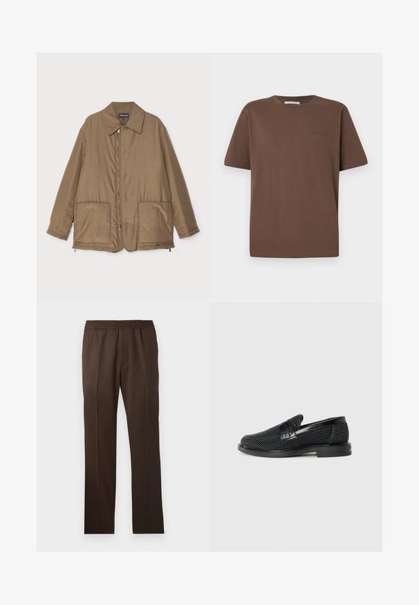 Pruunist voodriga jakk krae ja esitaskutega, ees lukuga kinnitamine ning kerge läikega. Lihtne kujundus ja lõdva istuvusega.; Pruun puuvillane T-särk ümmarguse kaeluse, lühikeste varrukate ja väikese logoga, mis on trükitud ette. Lameda kangastekstuuri ja vaba lõikega.; Pruunid sirged püksid elastse vöökohtadega ja siledast kangast; esiosas on teravad voldijooned.; Must musta kootud slip-on king, millel on pehme nahast accent ülaserval, ümmargune varvas ja madal profiiliga kummitald.