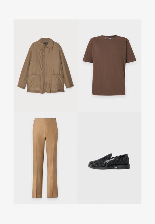 Hnedá prešívaná bunda s golierom, predným zipsom, dvoma veľkými vreckami a jemným leskom. Jednoduchý dizajn s voľným strihom.; Hnedé bavlnené tričko s okrúhlym výstrihom, krátkymi rukávmi a malým logom potlačeným na prednej strane. Hladká textúra látky, voľný strih.; Hnedé ľanové nohavice so strihom rovného nohu, s hladkou textúrou, skrytým pásom a bez viditeľných vreciek.; Čierne tkané slip-on topánky s hladkým koženým akcentom na vrchnej časti, s okrúlym dizajnom špičky a nízkoprofilovou gumovou podrážkou.