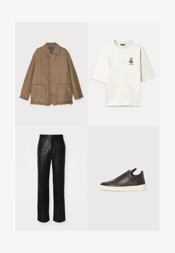 Brūns polsterēts mētelis ar apkakli, priekšpuses rāvējslēdzēja aizdare, divas lielas kabatas un nedaudz spīdīga virsma. Vienkāršs dizains ar brīvu piegriezumu.; Kremkrāsas oversize T-krekls, izgatavots no kokvilnas. Satur īsas piedurknes un mazu melnu čūskas grafiku kreisajā krūtīs.; Melnas spīdīgas platās bikses ar gludu faktūru un taisnu griezumu, ar smalku mirdzumu visā virsmā, piemērotas formālām reizēm.; Tumši brūnas tekstūrētas ādas sporta kurpes ar saistēm priekšā un baltu rievotu gumijas zoli uz vienkārša gaiša fona.