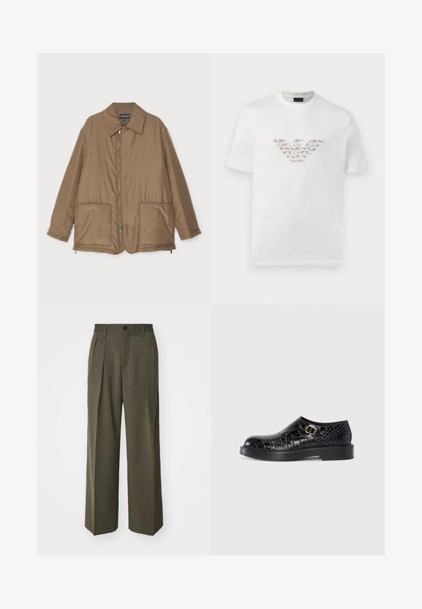 Pruunist voodriga jakk krae ja esitaskutega, ees lukuga kinnitamine ning kerge läikega. Lihtne kujundus ja lõdva istuvusega.; Valge puuvillane T-särk lühikeste varrukatega ja ringkaelusega. Omab keskmist logo kujundust roosa ja pruuni värvitoonis.; Filippa K WIDE TROUSERS - Püksid - driftwood; Must musta saar, millel on krokodillikujundusega tekstuur, ümmargune nina, lame kummitald ja kuldse tooni ruudukujuline pannal detail külgedel.