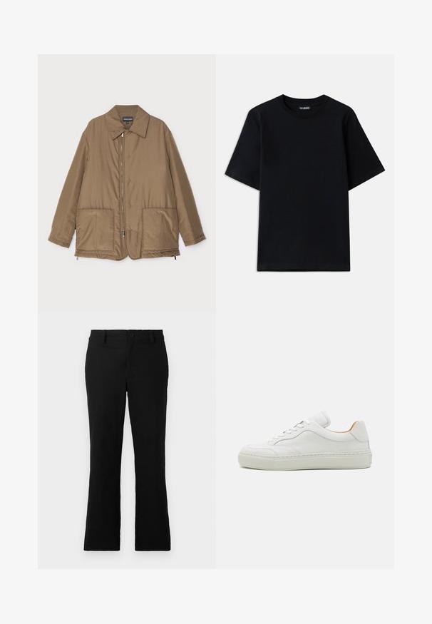 Brown padded jacket with a collared neck, front zip closure, two large pockets, and slight sheen. Simple design with a relaxed fit.; Black cotton t-shirt with a crew neck and short sleeves. Features subtle logo embroidery on the left chest. Flat, smooth texture.; Black flared trousers made of cotton blend fabric, featuring a button closure, belt loops, and a smooth texture with no visible patterns.; White leather sneaker with a round toe, flat laces, padded tongue, and textured midsole. Features a smooth finish and minimalistic design.