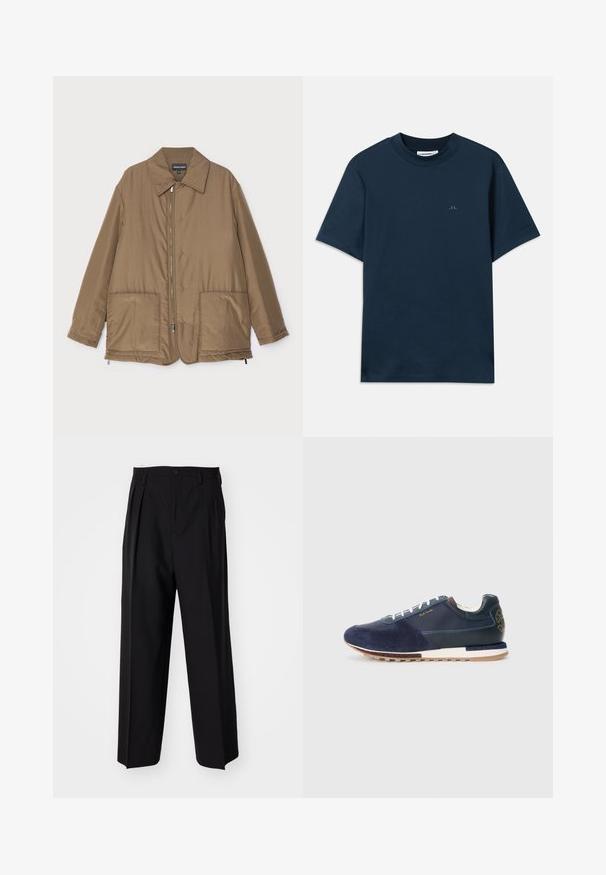 Brūns polsterēts mētelis ar apkakli, priekšpuses rāvējslēdzēja aizdare, divas lielas kabatas un nedaudz spīdīga virsma. Vienkāršs dizains ar brīvu piegriezumu.; Jūras zilas kokvilnas T-krekls ar apaļu kakla izgriezumu, īsām piedurknēm un smalku logotipu uz krūtīm. Gluda tekstūra un klasiskā piegriezne.; Melnas plisētās bikses ar taisnu, plata kāja dizainu. Izgatavotas no gludas auduma, ar pogu aizdari un jostas cilpiņām.; Tumši zila zamšādas un ādas sporta apavi ar baltām auklām, ar teksturētu zoli un brūnu akcentu aizmugurē ar logo detaļu.