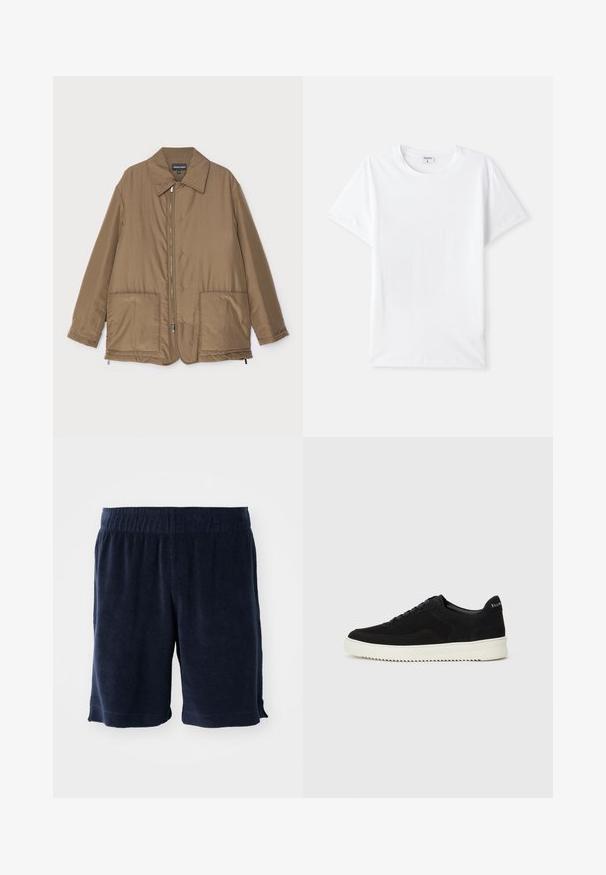 Chaqueta acolchada marrón con cuello camisero, cierre delantero con cremallera, dos grandes bolsillos y un ligero brillo. Diseño sencillo con un corte relajado.; Camiseta de algodón blanca, cuello redondo, mangas cortas, textura suave, sin patrones ni acentos, diseño simple, ajuste estándar.; Pantalones cortos de toalla en azul marino con cintura elástica, hasta las rodillas y con bolsillos laterales. Textura suave y diseño sencillo.; Zapatilla de ante negra con diseño de cordones y suela de goma blanca contrastante. Presenta paneles laterales texturizados y un sutil logo en el talón.