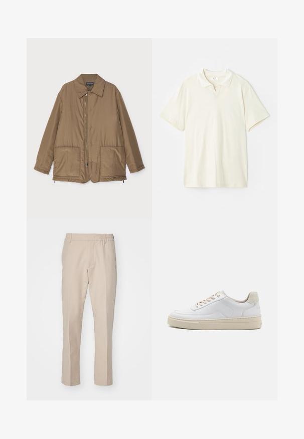 Braune gepolsterte Jacke mit Kragen, Reißverschluss vorne, zwei großen Taschen und leichter Glanz. Einfaches Design mit entspannter Passform.; Cremefarbenes Poloshirt mit klassischem Kragen, kurzen Ärmeln und leichtem V-Ausschnitt am Hals. Glatte Textur und minimales Design.; Beige Hose mit glatter Textur, geradem Schnitt und elastischem Bund. Verfügt über seitliche Taschen und eine neutrale Farbe, die für vielseitige Outfits geeignet ist.; Weiße Sneaker mit einem glatten Lederobermaterial, beigen Schnürsenkeln und einer strukturierten, beigen Wildleder-Fersenschlaufe. Erhöhte Sohle für zusätzlichen Komfort.